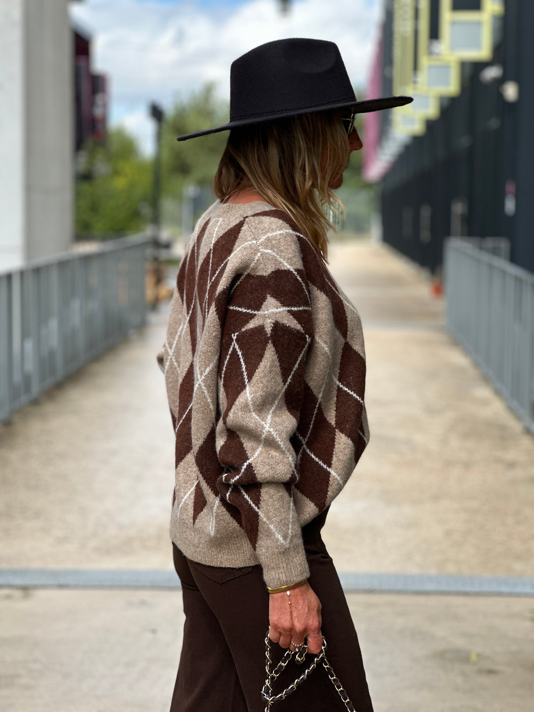 Pull maille motifs arlequin choco 228