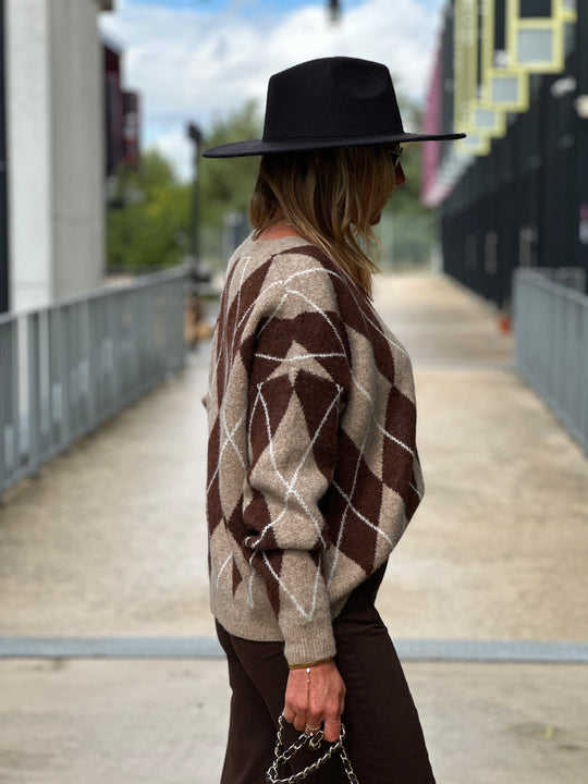 Pull maille motifs arlequin choco 228