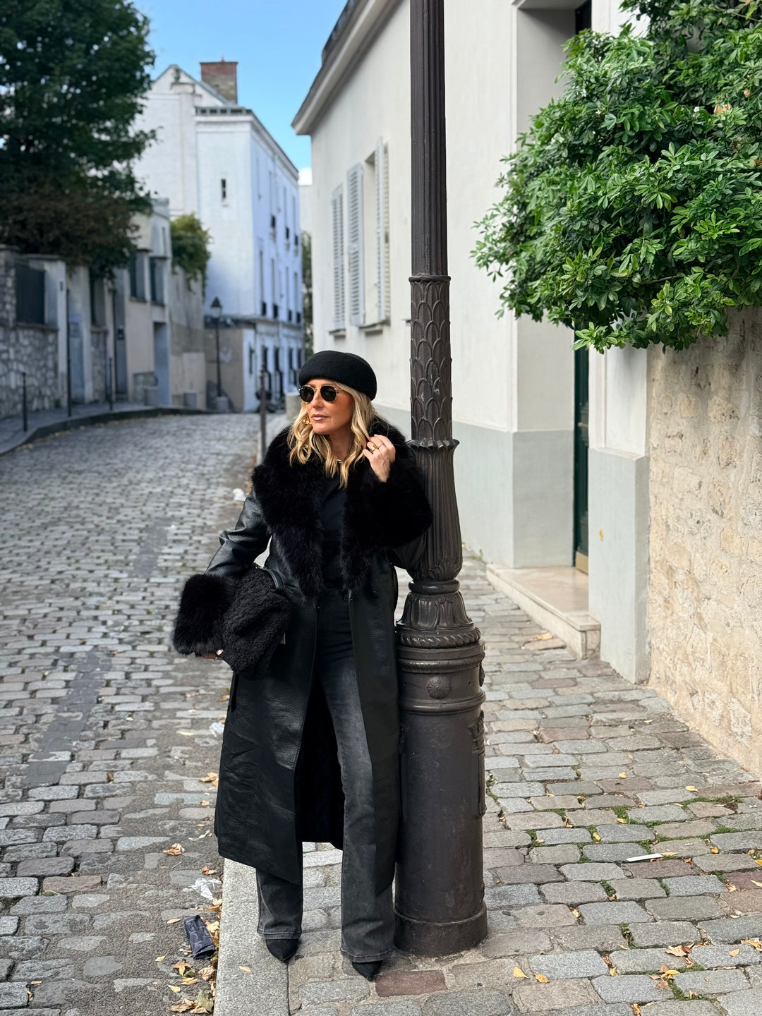 MANTEAU LONG EN SIMILICUIR Fourrure Noir 9202
