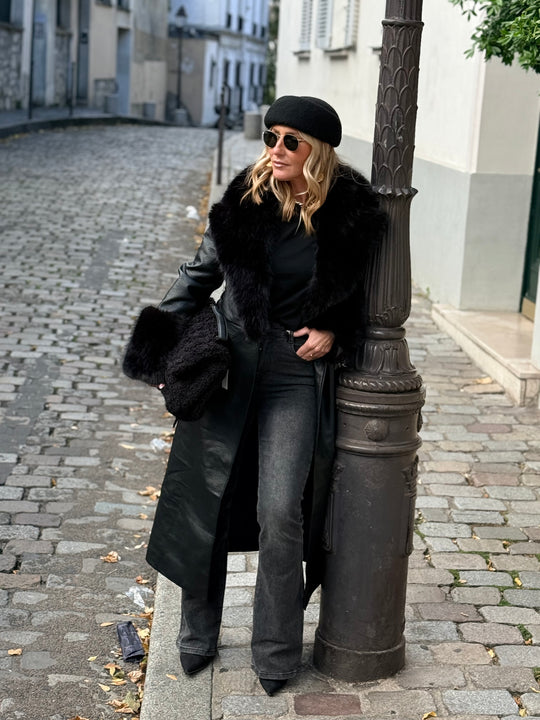MANTEAU LONG EN SIMILICUIR Fourrure Noir 9202