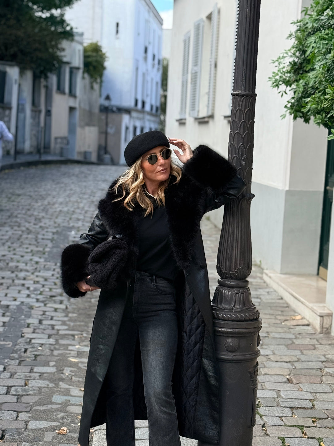 MANTEAU LONG EN SIMILICUIR Fourrure Noir 9202
