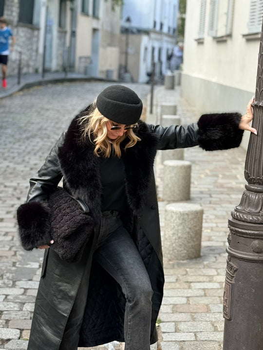 MANTEAU LONG EN SIMILICUIR Fourrure Noir 9202