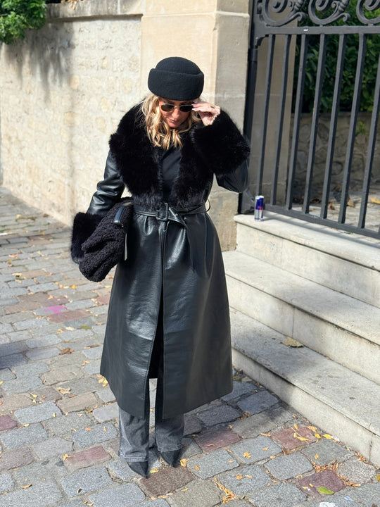 MANTEAU LONG EN SIMILICUIR Fourrure Noir 9202