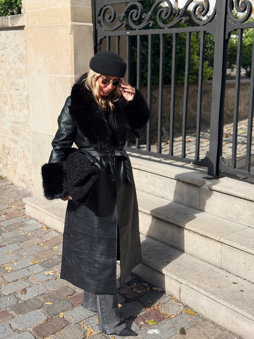 MANTEAU LONG EN SIMILICUIR Fourrure Noir 9202