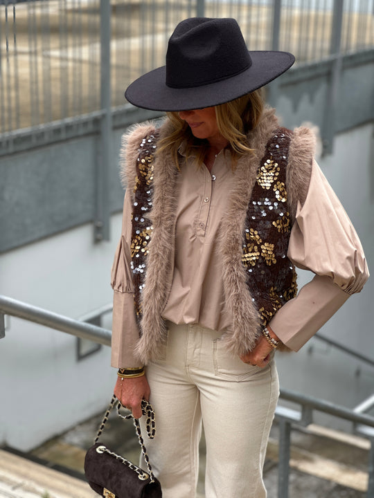 Gilet maille choco aux sequin