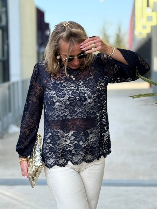 Top dentelle manches longues marine Wendy