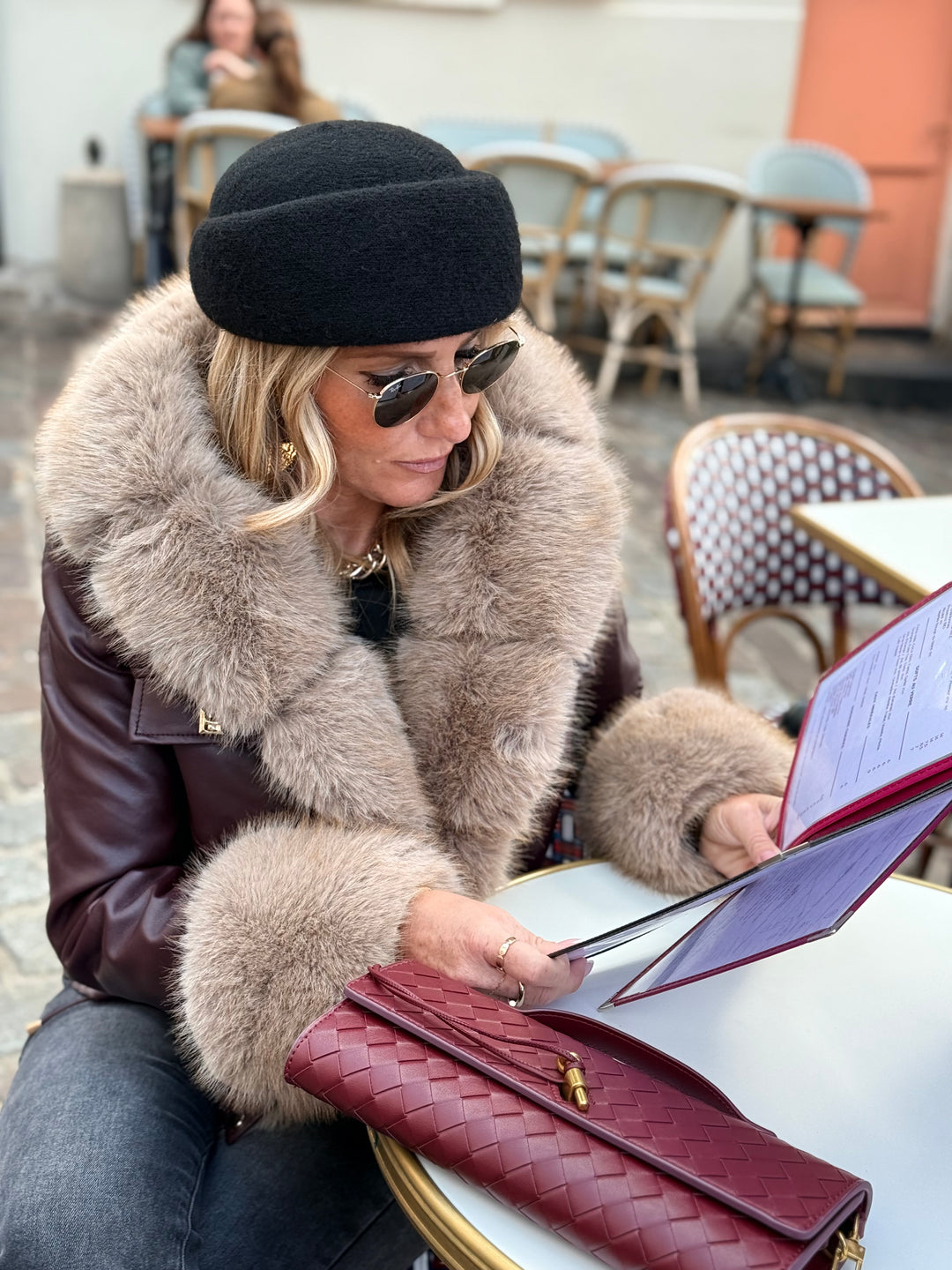 Veste similicuir Bordeaux fourrure beige 202326