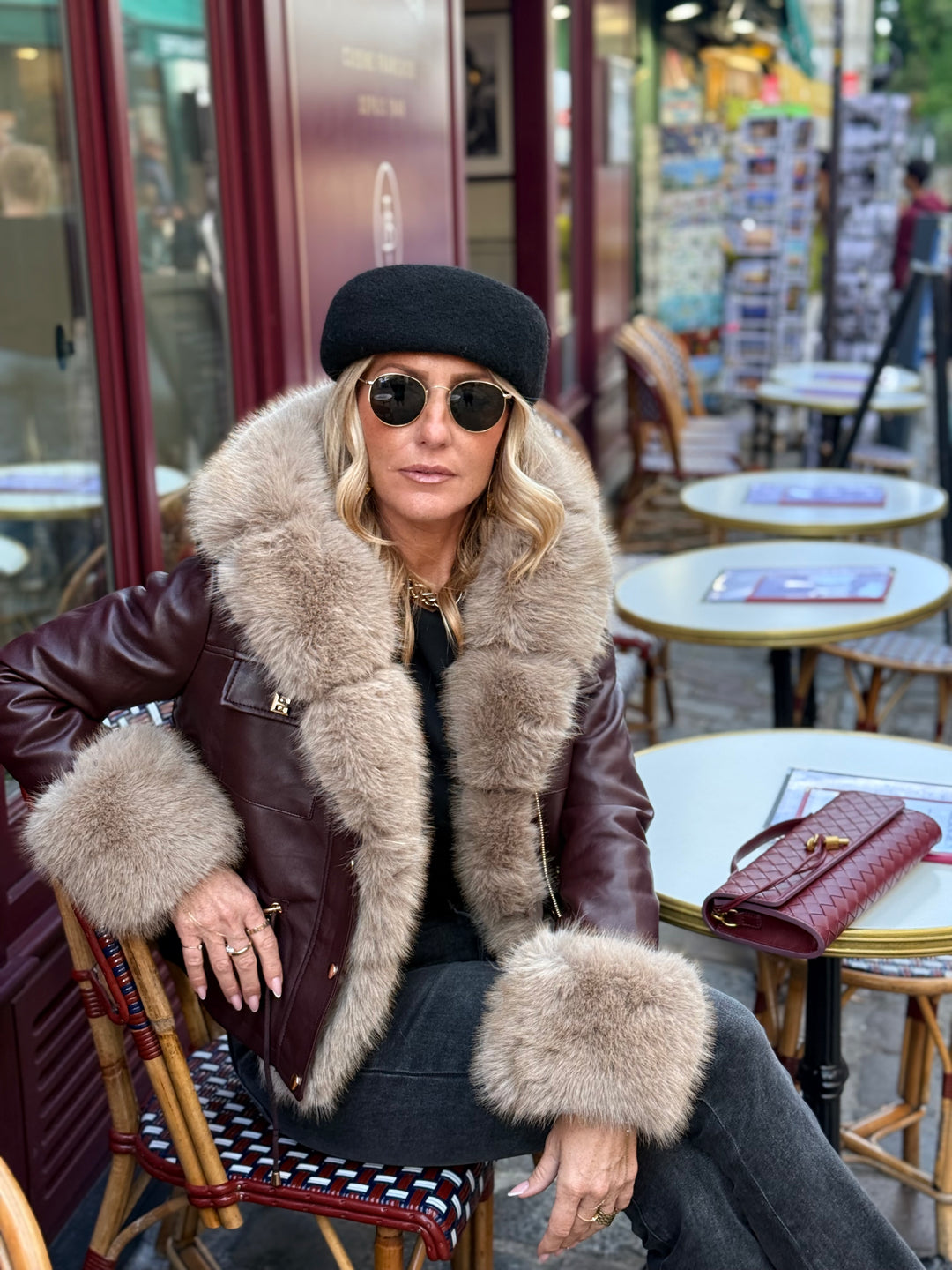Veste similicuir Bordeaux fourrure beige 202326