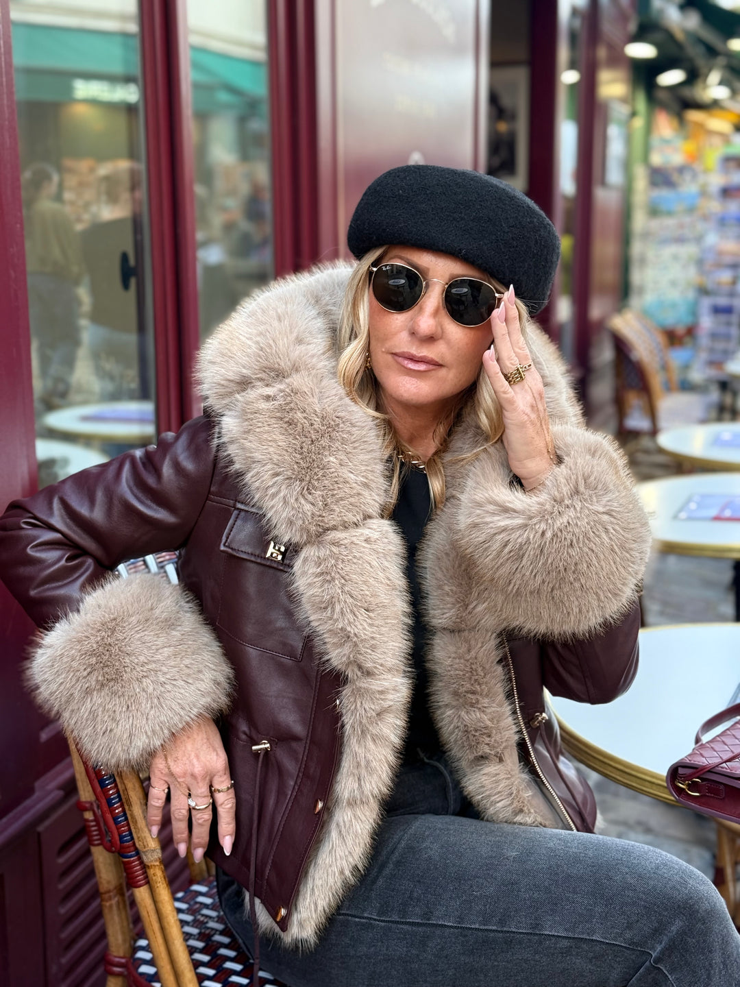 Veste similicuir Bordeaux fourrure beige 202326