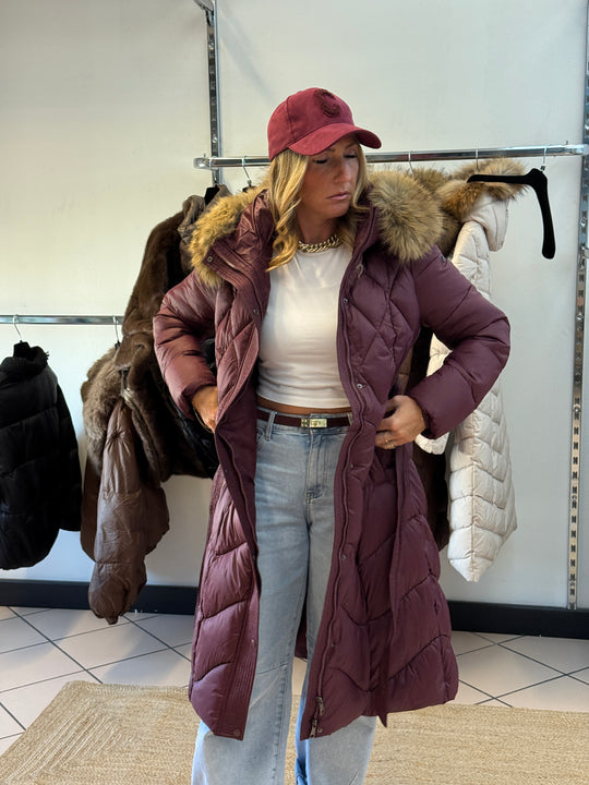 Doudoune mi long capuche fourrure Bordeaux 23506