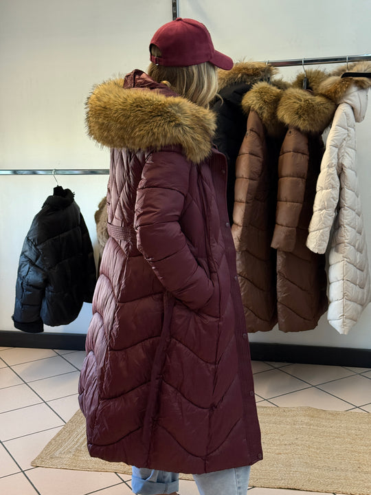 Doudoune mi long capuche fourrure Bordeaux 23506