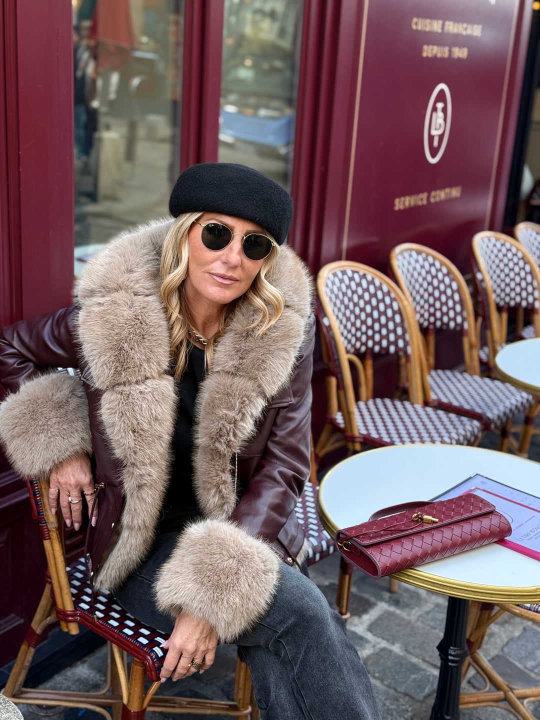 Veste similicuir Bordeaux fourrure beige 202326