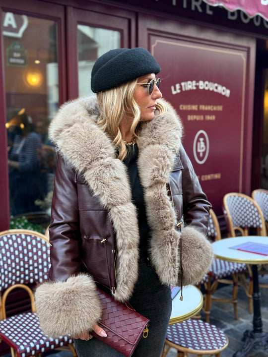 Veste similicuir Bordeaux fourrure beige 202326