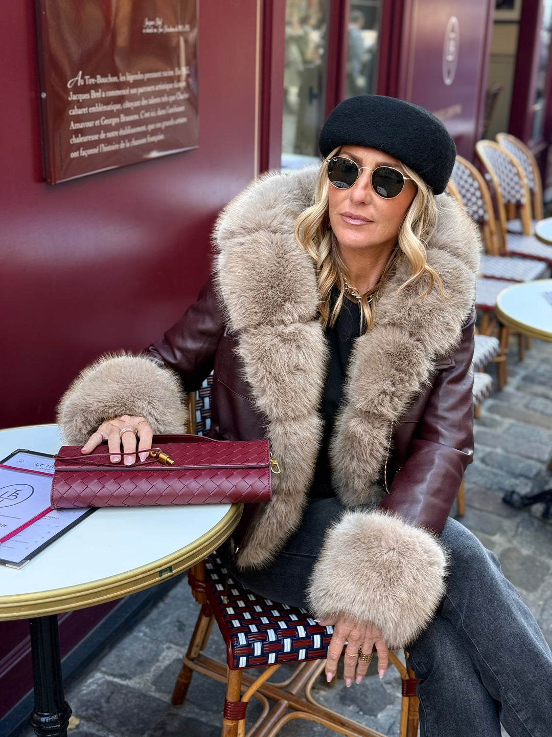 Veste similicuir Bordeaux fourrure beige 202326