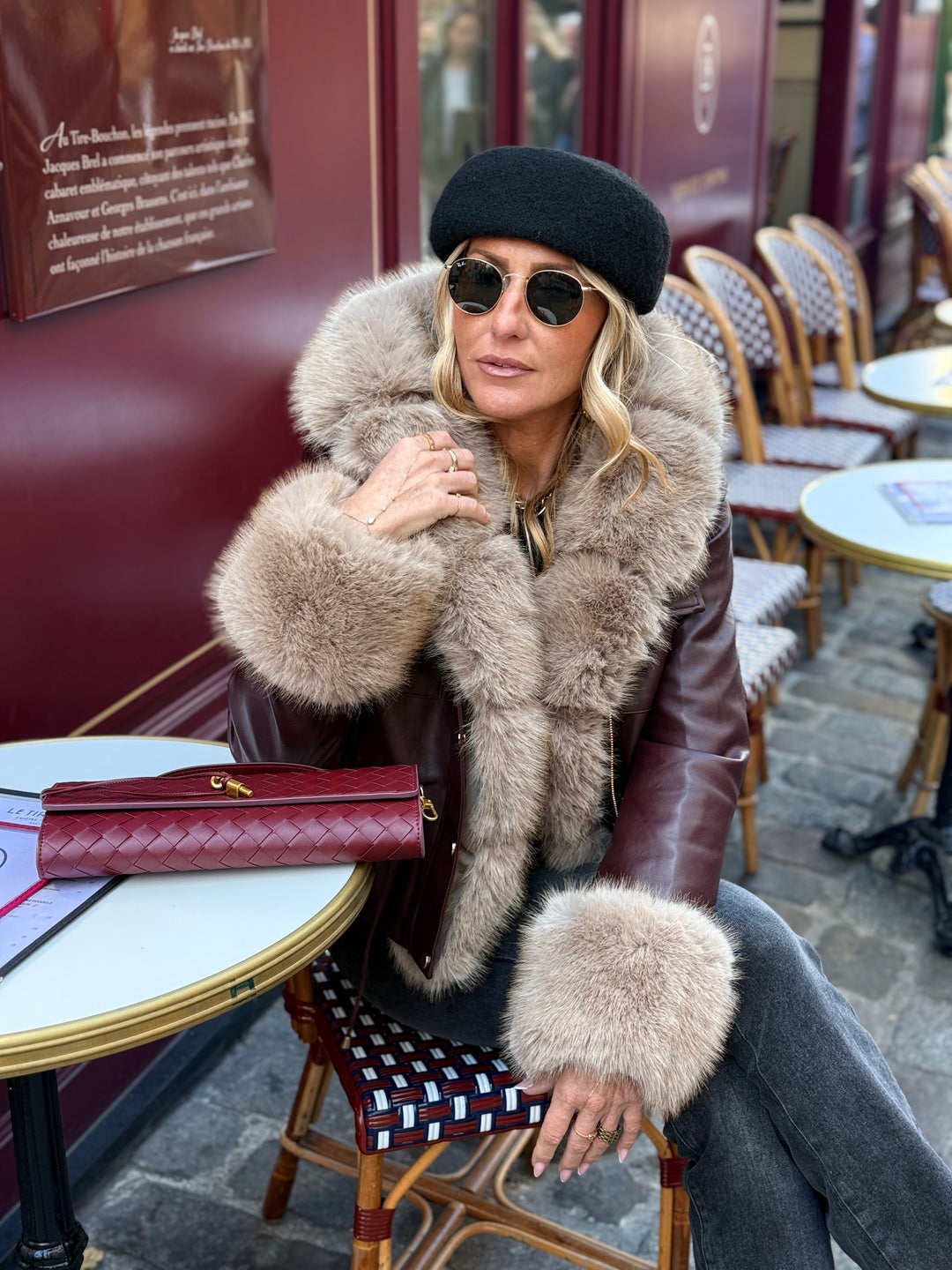 Veste similicuir Bordeaux fourrure beige 202326