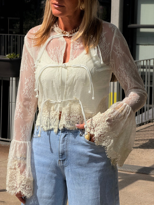 Blouse dentelle manches évasées ÉCRU