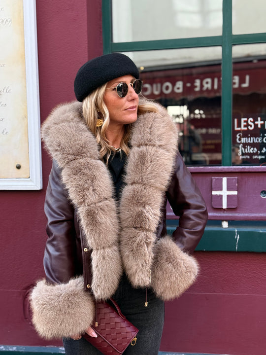 Veste similicuir Bordeaux fourrure beige 202326