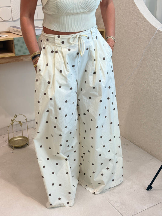 Pantalon maxi palazzo écru à pois choco