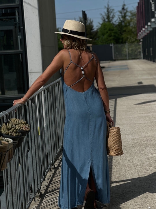 Robe tencel dos croisé perles 5722