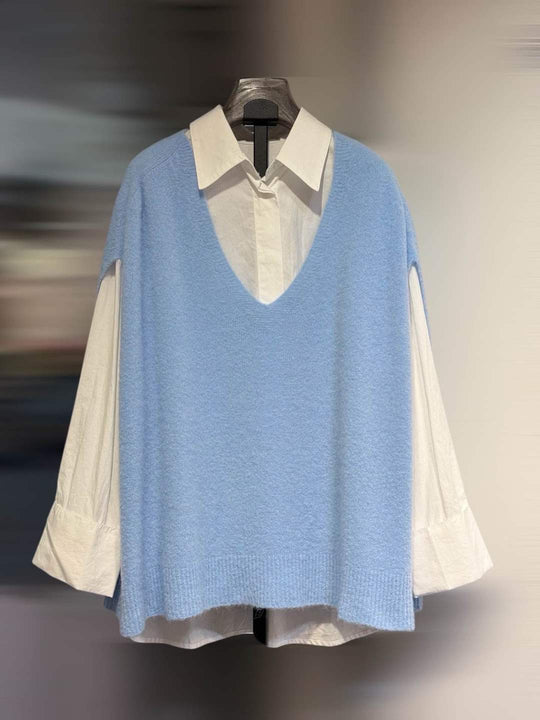 Pull sans manches col V bleu R0919