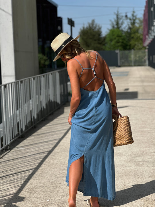 Robe tencel dos croisé perles 5722