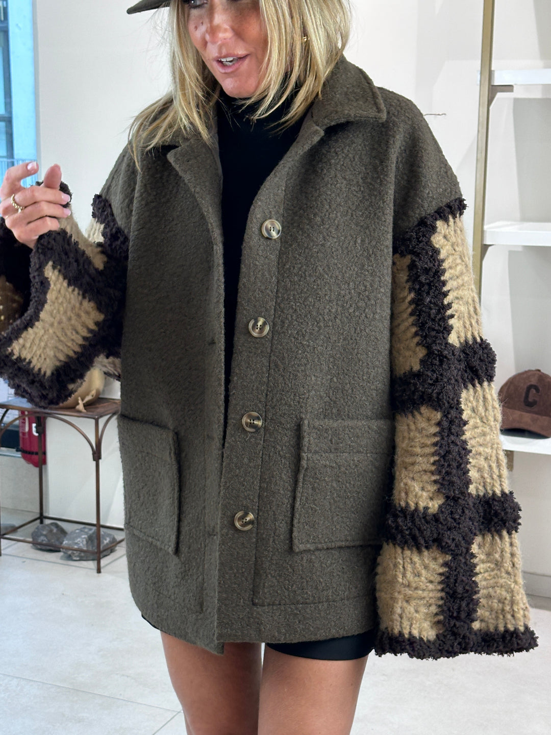 Manteau manches tricotes Delphine taupe/ choco 012