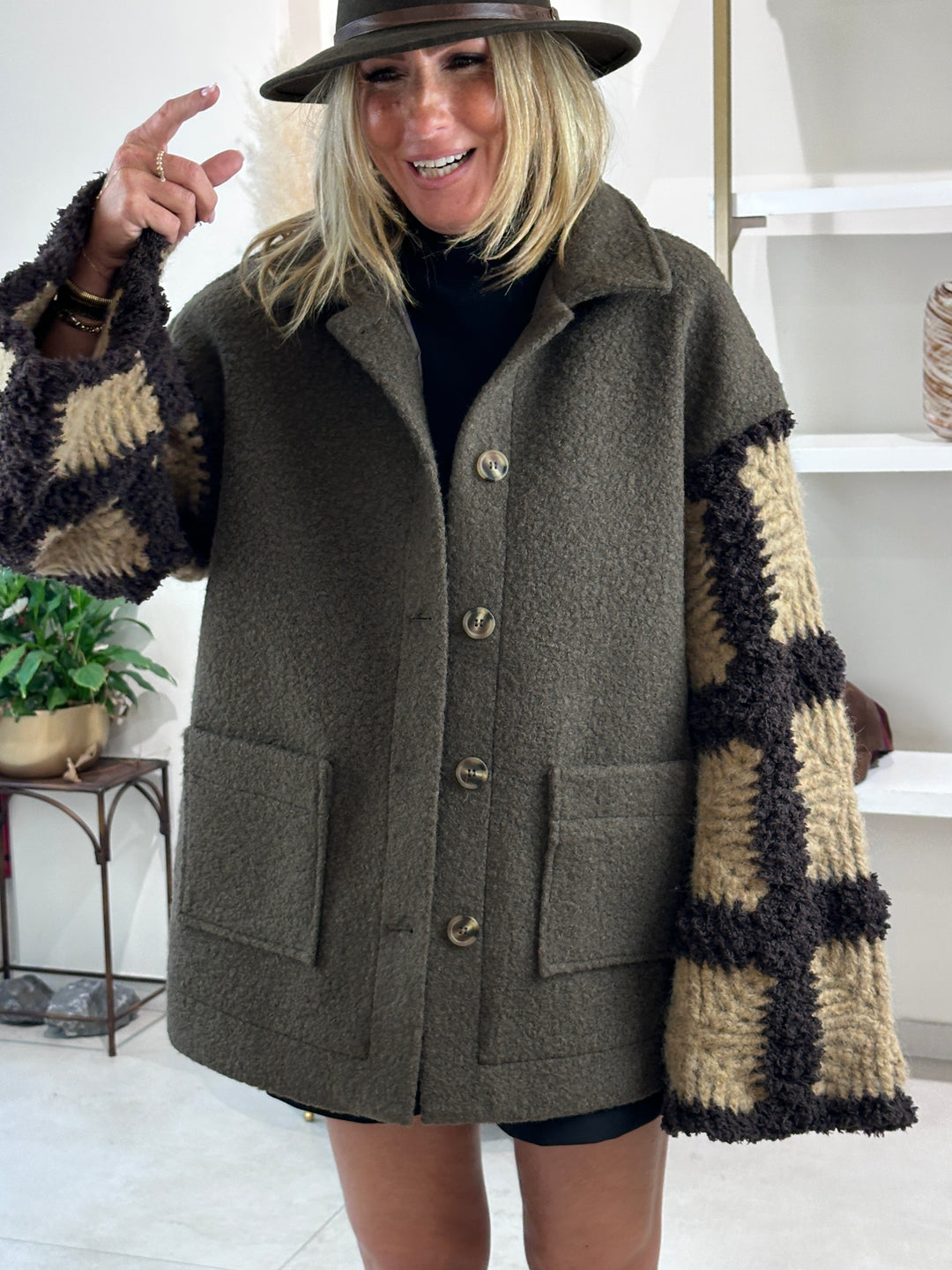 Manteau manches tricotes Delphine taupe/ choco 012