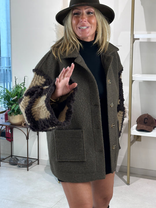 Manteau manches tricotes Delphine taupe/ choco 012