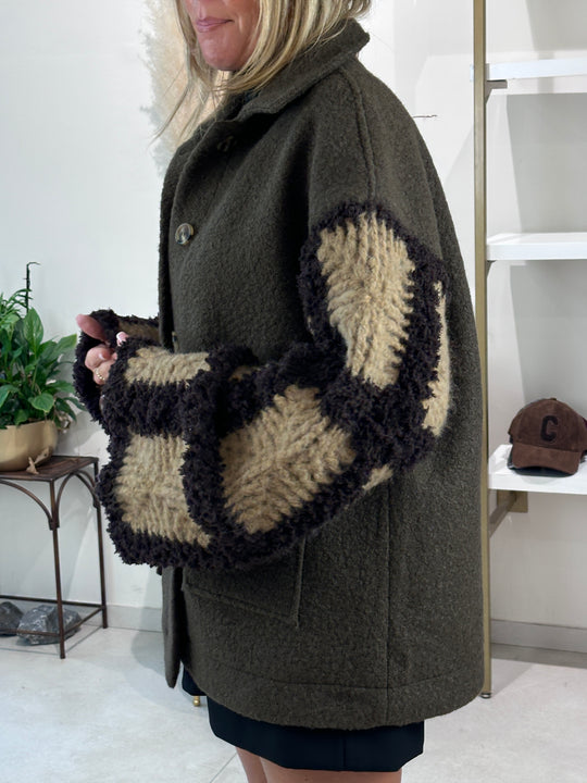 Manteau manches tricotes Delphine taupe/ choco 012