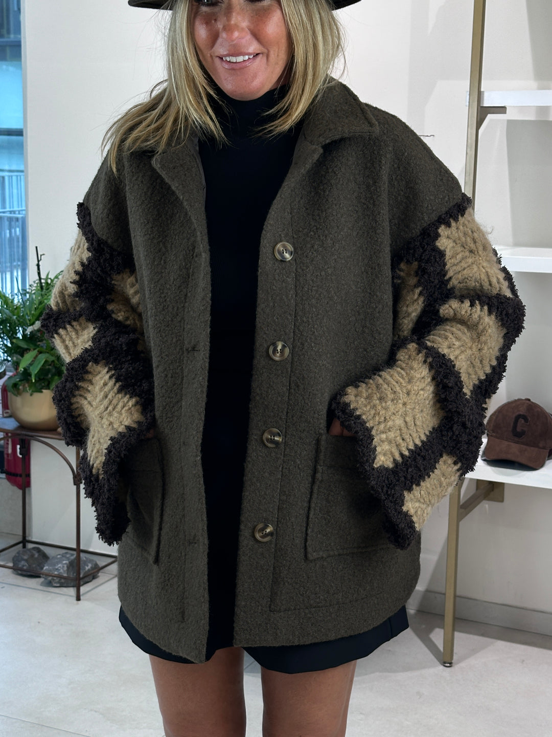 Manteau manches tricotes Delphine taupe/ choco 012
