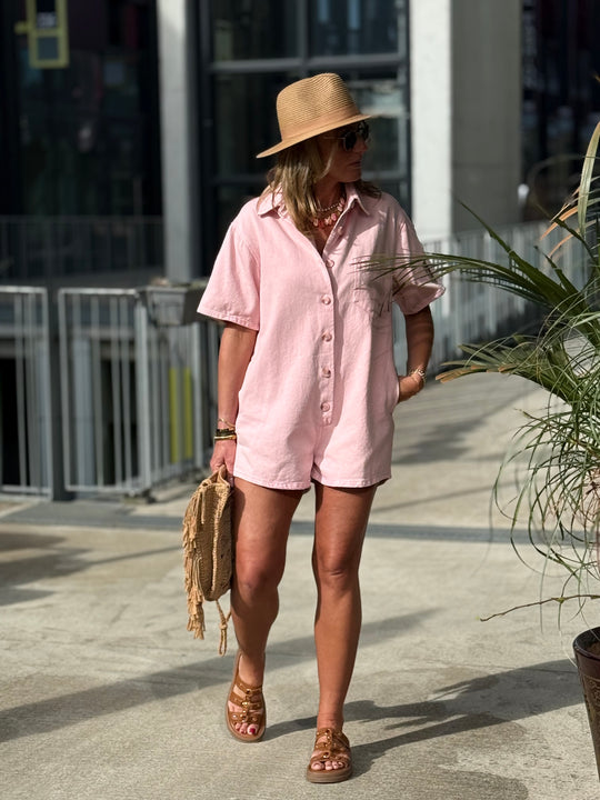 Combinaison short jean rose J050