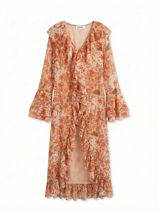 Robe imprimée orange volant en bas 7498