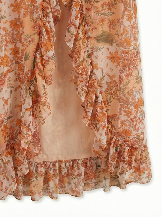 Robe imprimée orange volant en bas 7498