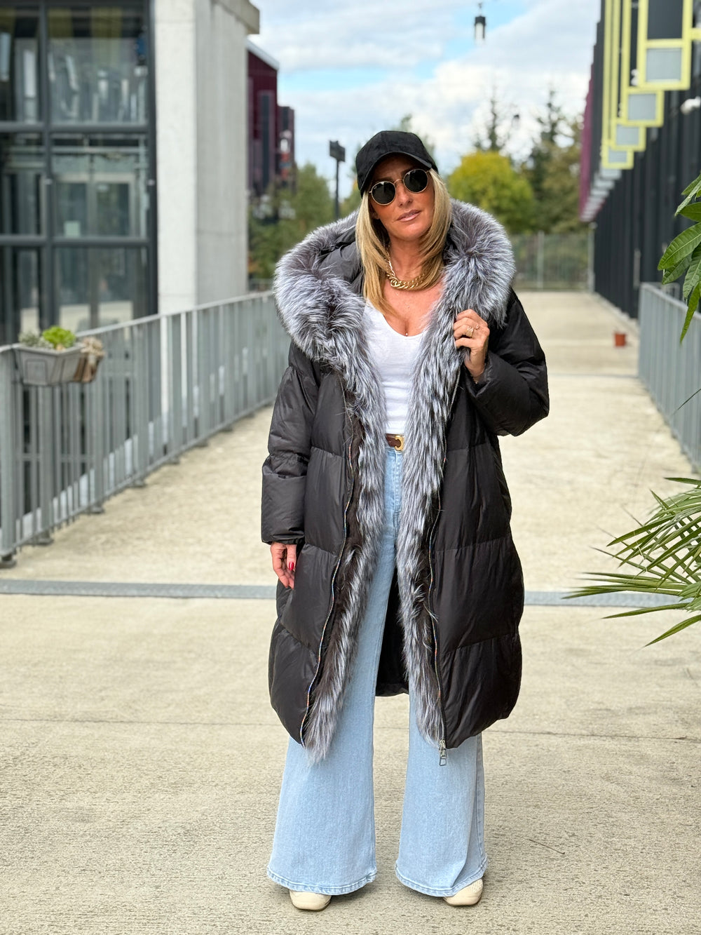 Doudoune longue grise fourrure authentique 2906