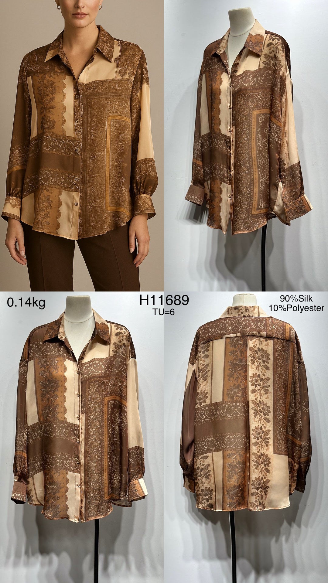 Chemise soie imprimée camel 11689