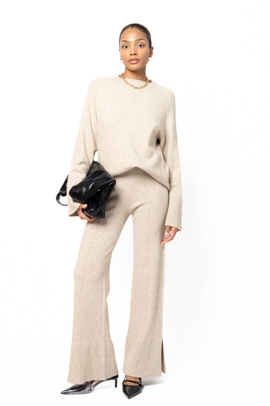 Ensemble maille pantalon fente beige / C-91026