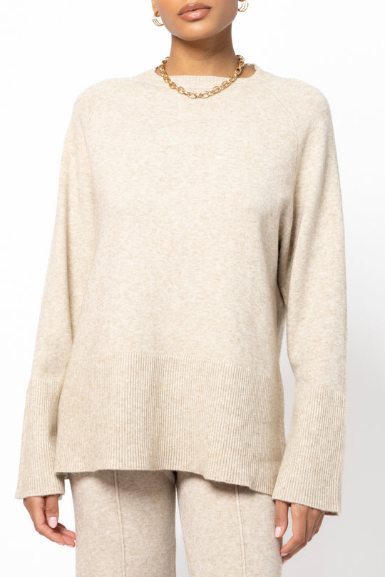 Ensemble maille pantalon fente beige / C-91026