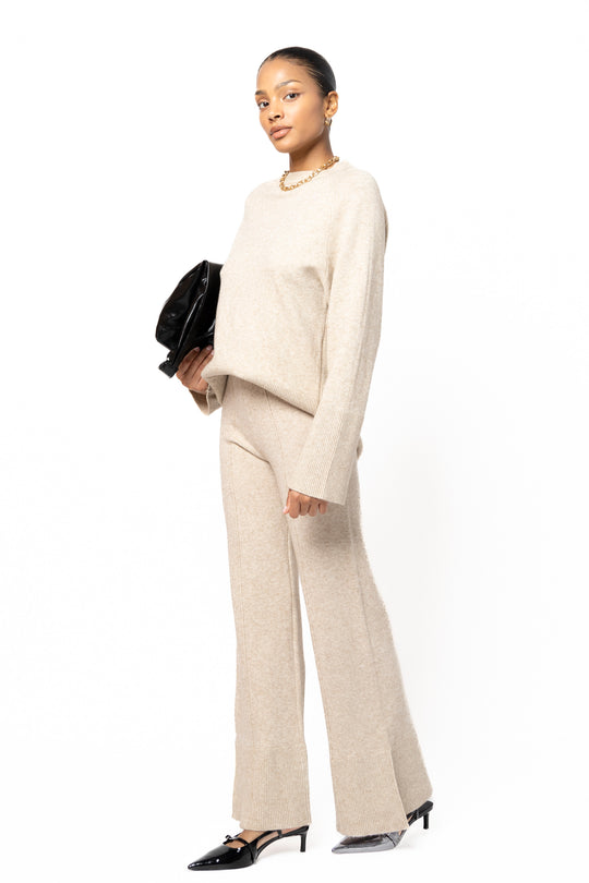 Ensemble maille pantalon fente beige / C-91026
