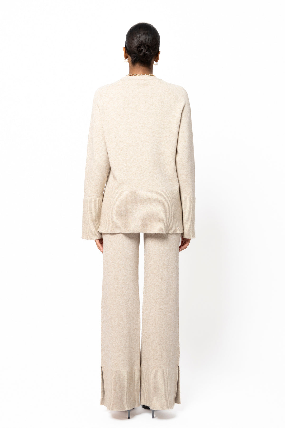 Ensemble maille pantalon fente beige / C-91026