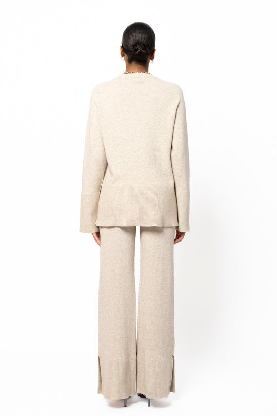 Ensemble maille pantalon fente beige / C-91026