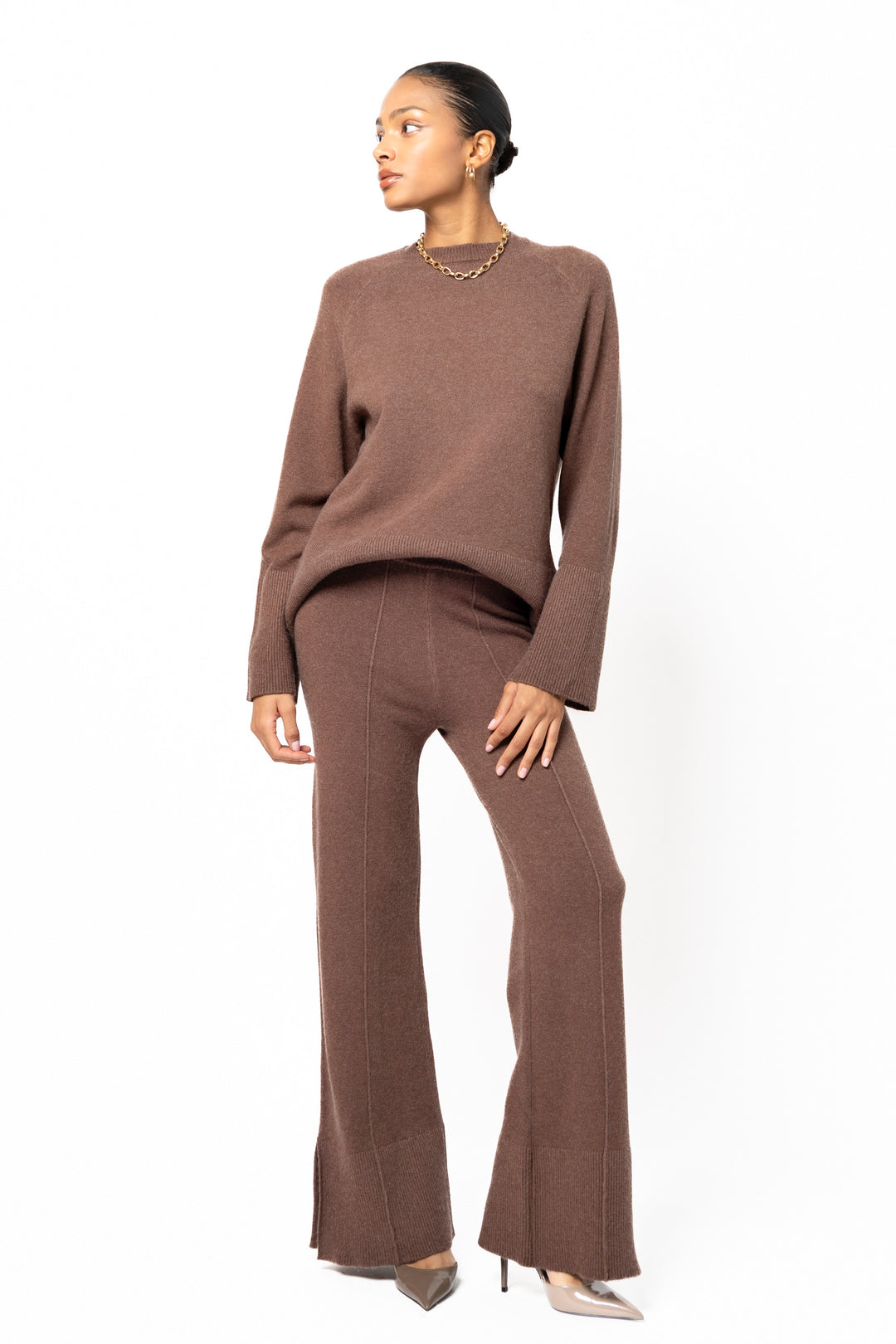 Ensemble maille pantalon fente Choco / C-91026