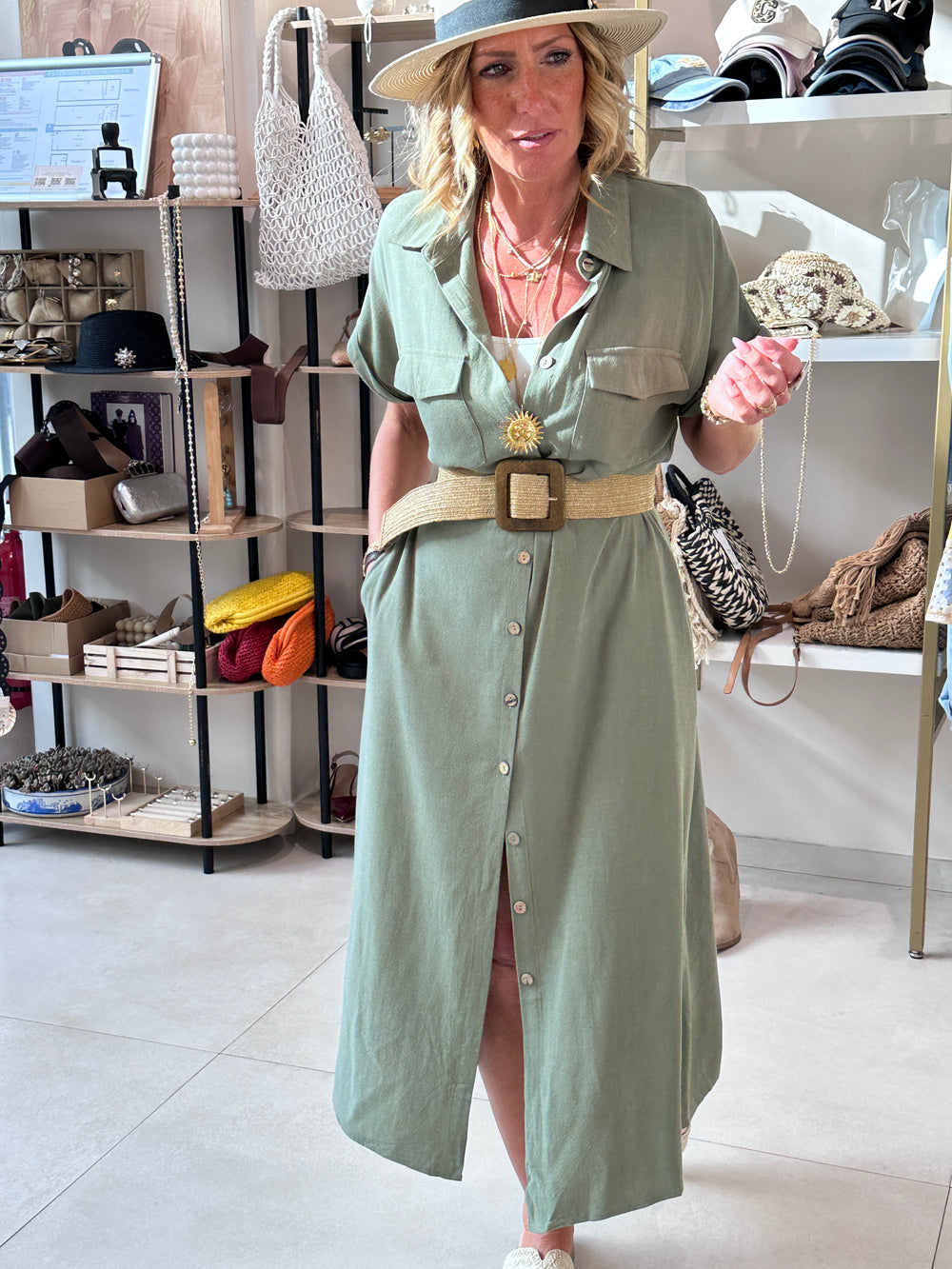 Robe lin ceinture kaki