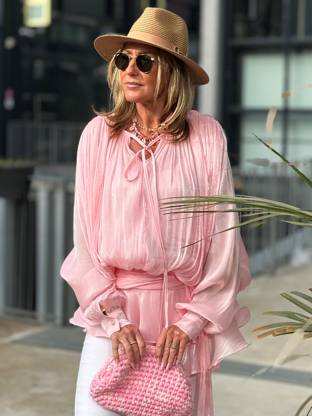 Blouse bouffante volant rose 8016