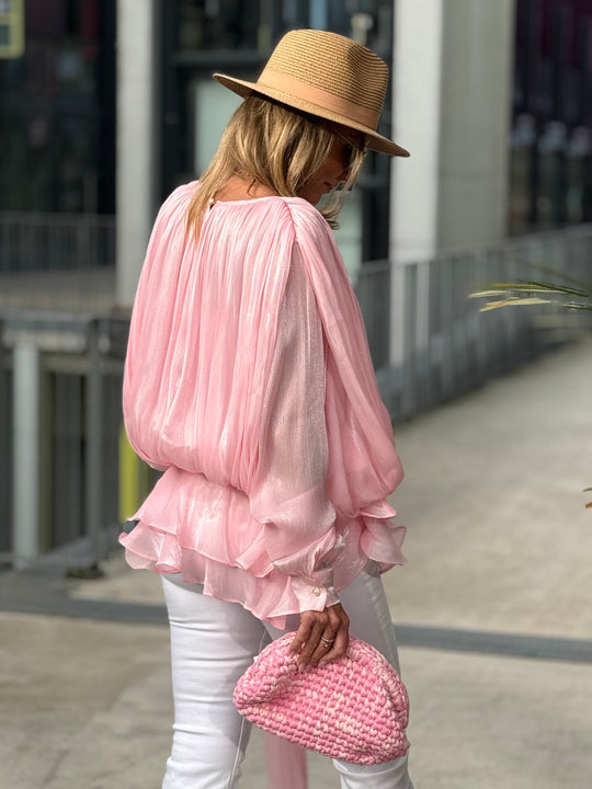Blouse bouffante volant rose 8016