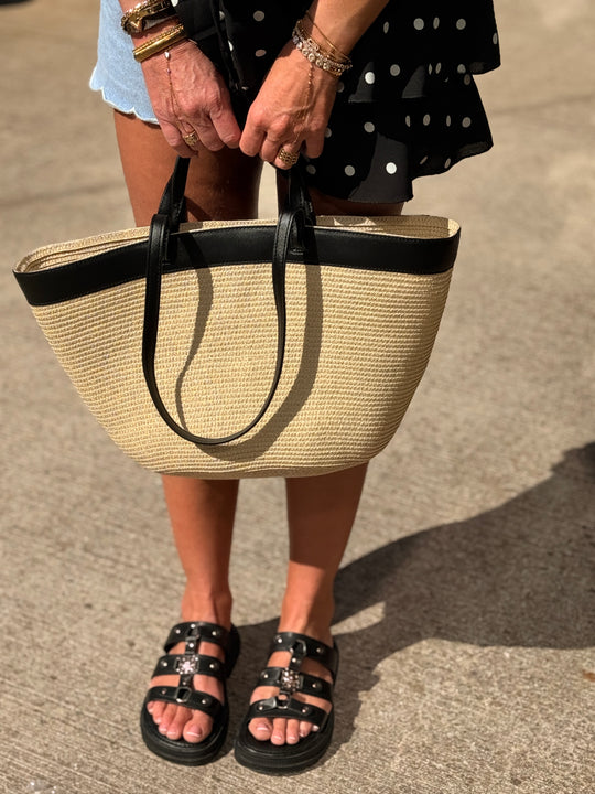Sac paille à cabas beige bande 1322