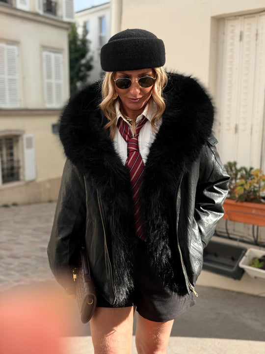 Veste bombers similicuir Capuche fourrure Noir 202317