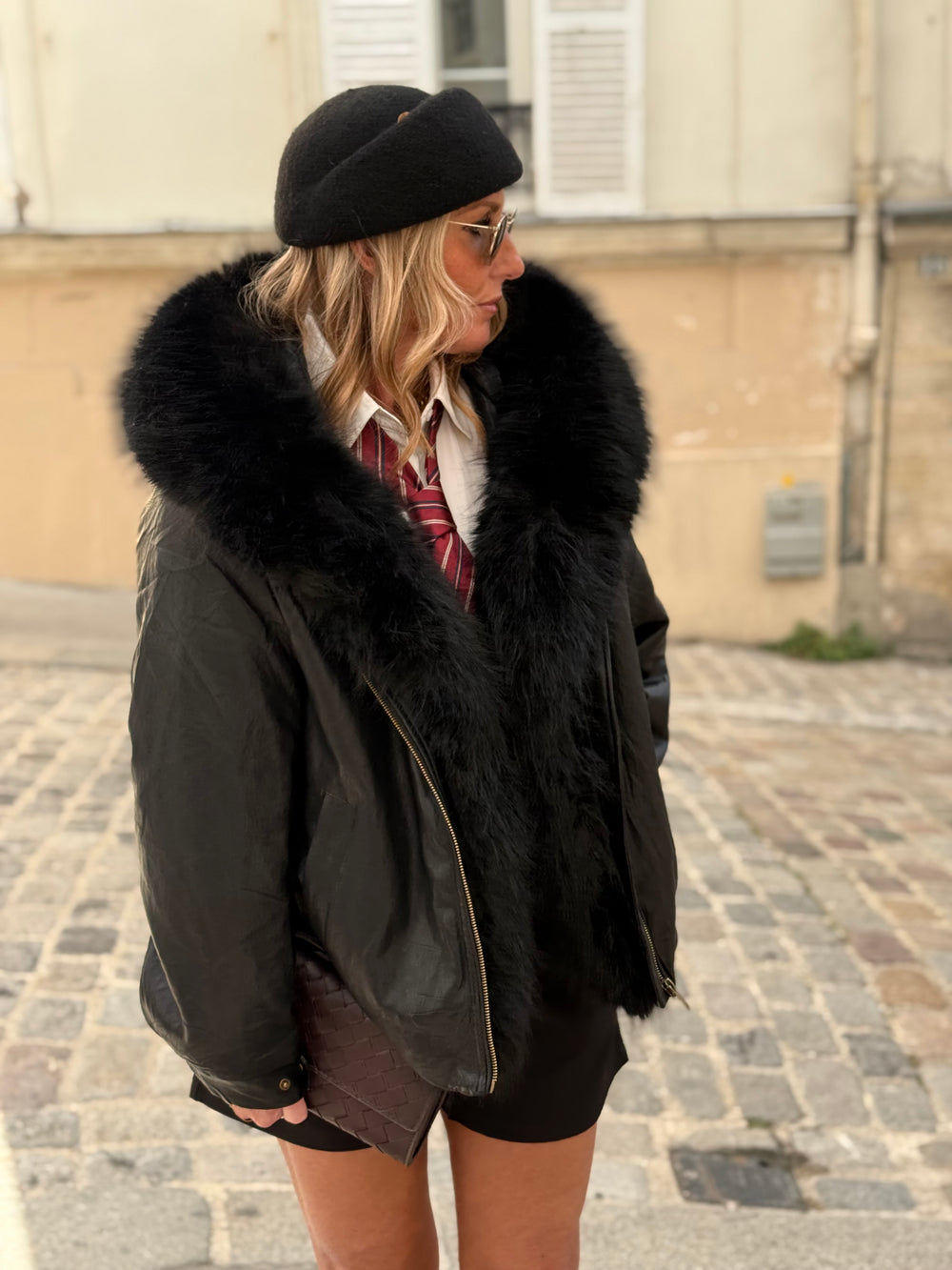 Veste bombers similicuir Capuche fourrure Noir 202317