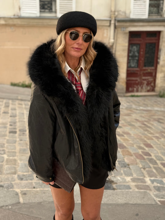 Veste bombers similicuir Capuche fourrure Noir 202317