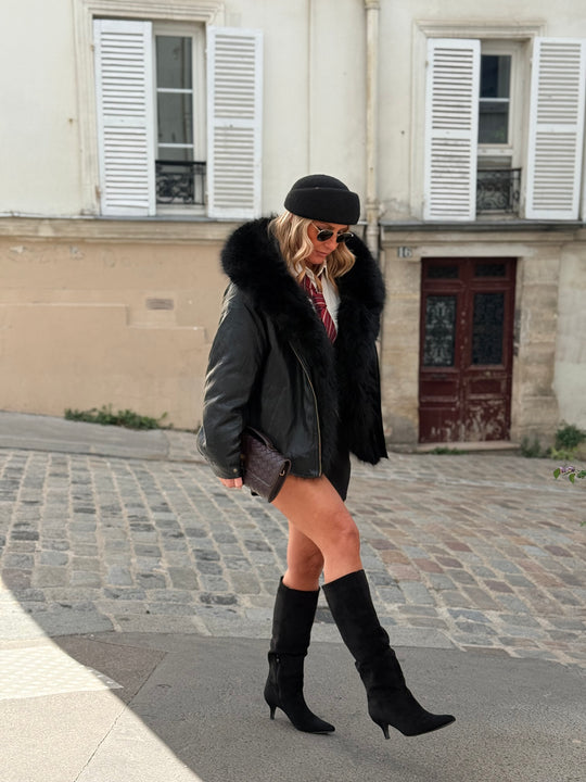 Veste bombers similicuir Capuche fourrure Noir 202317