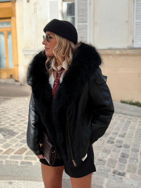 Veste bombers similicuir Capuche fourrure Noir 202317
